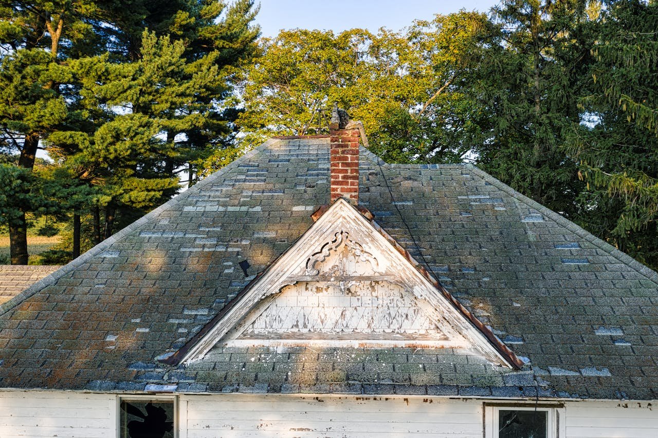 A weathered roof of an old house with ornate details, set against a backdrop of lush trees.